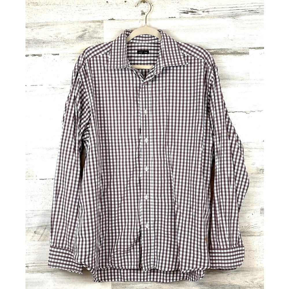 J. Peterman Brown White Plaid Button Down Shirt Mens L Cotton Casual